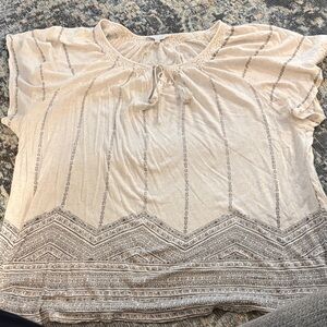 Lucky Brand Cream Boho Short Sleeve Tie-Neck Top
